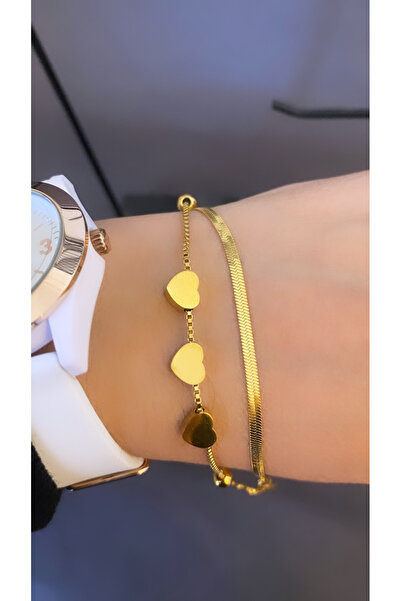 Aleda Minimal Three Hearts Two Chain Steel Bracelet
