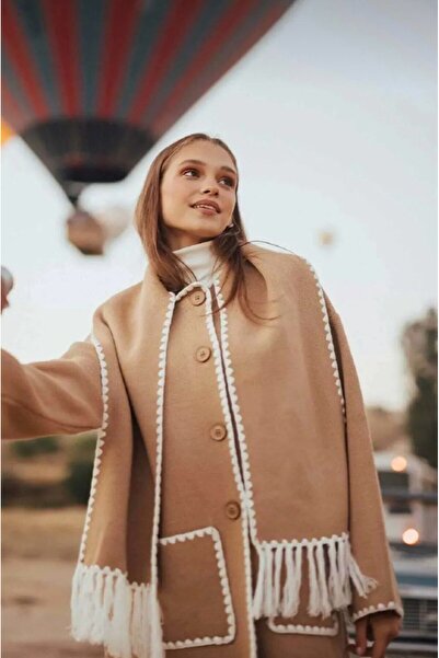 Zeynolya Butik Women's Scarf-Style Viral Embroidered Cashmere Beige Cardigan