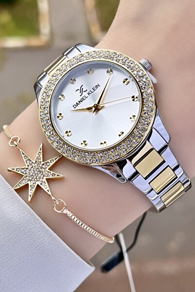 Daniel Klein Premium Gold Gümüş Renk Taşlı Kadın Kol Saati ve Bileklik