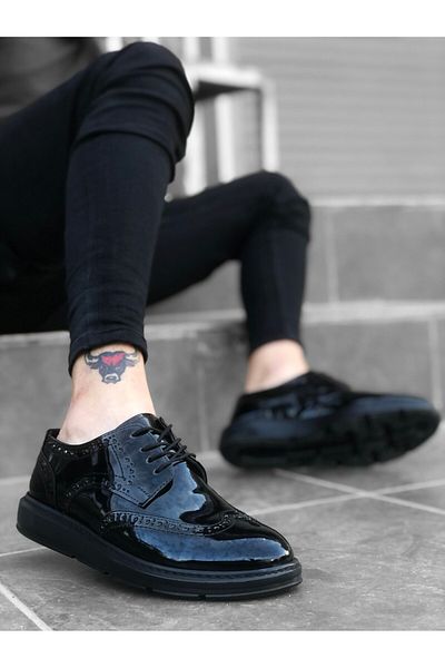 BOA Ba0003 - High Sole Black Patent Leather Lace-Up Men's Casual Shoes