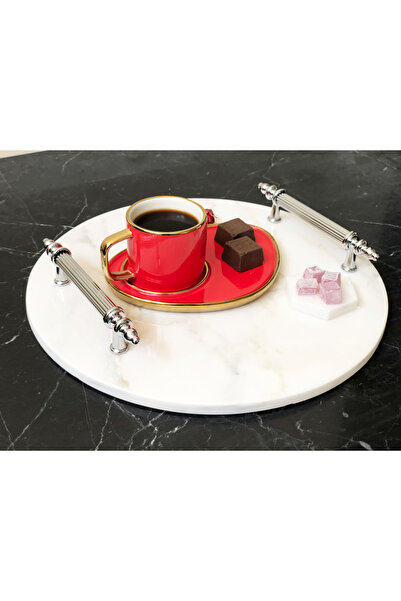 Modestmar Natural Marble Round Presentation Tray Silver Handle Mrm0142