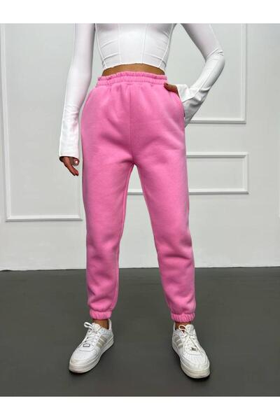 NO 601 Pembe Yüksek Bel Içi Polarlı Jogger Eşofman Altı 3 Iplik
