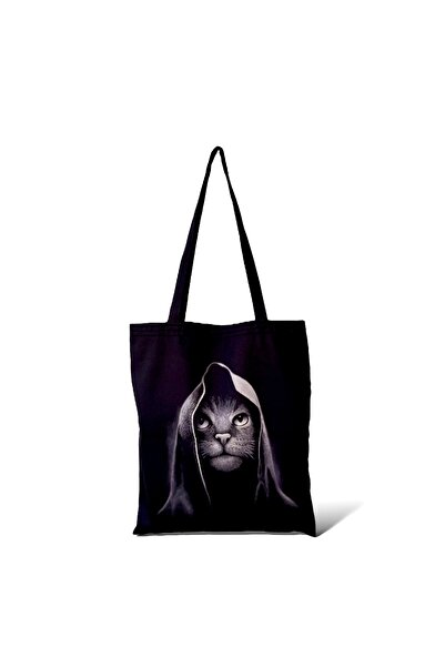 Toz Vintage Черна двустранна чанта през рамо с котешки мотиви