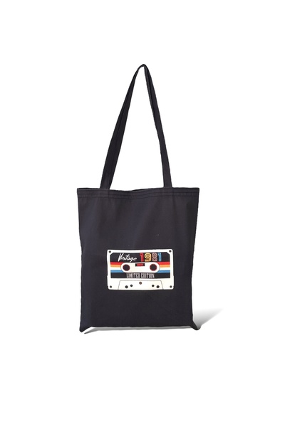 Toz Vintage Μαύρη τσάντα ώμου με μοτίβο κασέτας διπλής όψης, vintage υφασμάτι...