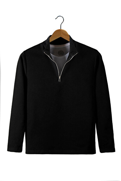 VEAVEN Erkek Siyah Yarım Fermuarlı Basic Düz Sweatshirt