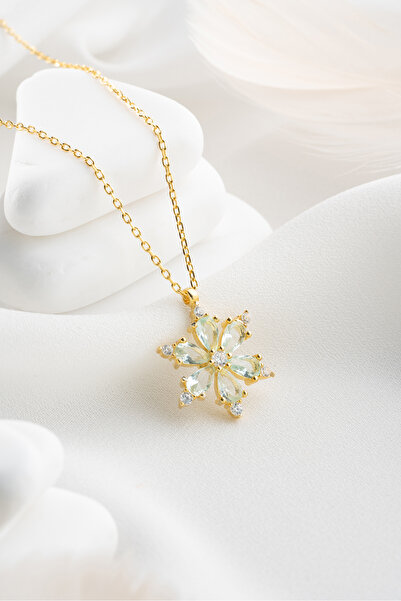 Nereze 925 Ayar Gümüş Gold Kaplama Su Yeşili Taşlı Kamelya Çiçeği Kolye