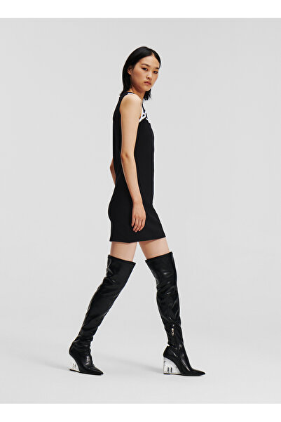 Karl Lagerfeld Bisiklet Yaka Baskılı Siyah Kısa Kadın Elbise 236W1354