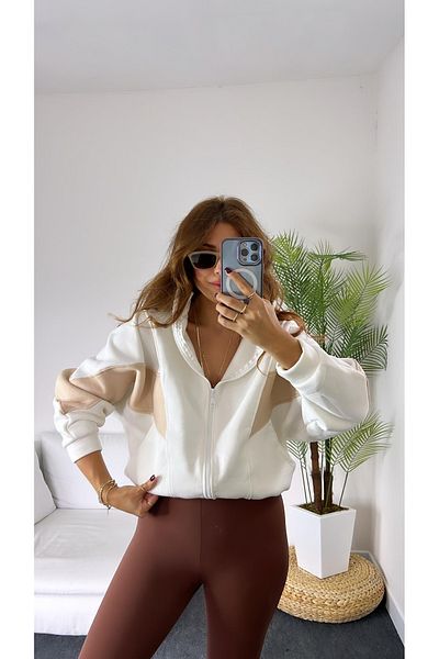 HARMONY GLOBAL Women's Three Thread Zippered Pieced Cardigan White