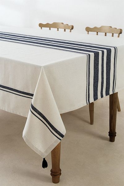 Denizli Concept Față de masă cu dungi bleumarin - Față de masă cu ciucuri 160x220 Cm - Tereza Sofra Düzen