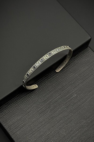 FRNCH 925 Ayar Gümüş İtalyan Model Zirkon Taşlı Siyah Erkek Kelepçe Bileklik ...