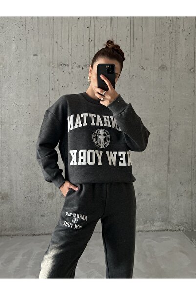 Laluvia Anthrazitfarbenes Trainingsanzugset mit Reliefmuster „Manhattan New York“