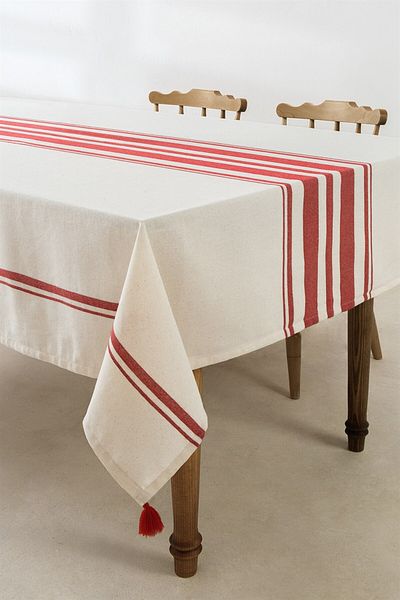 Denizli Concept Red Striped Tablecloth - Tasseled Tablecloth 160X220 cm - Tereza Sofra Düzen
