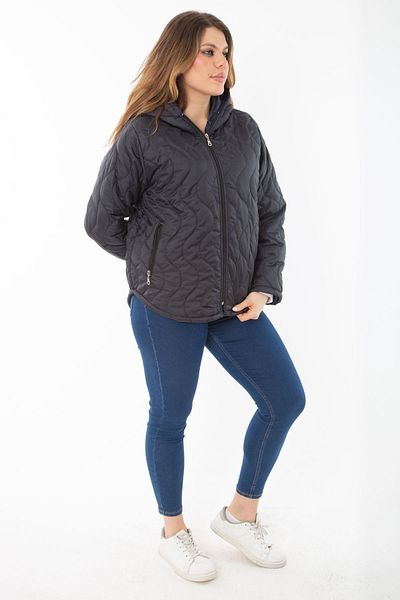 Şans Women's Large Size Navy Blue Front and Pocket Zippered Hooded Lined Quilted Jacket 65N37462