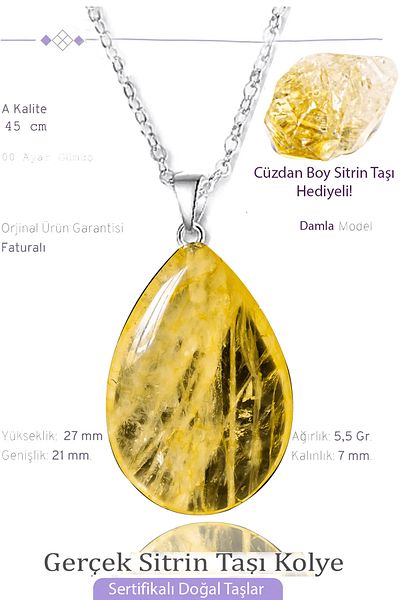 Tesbih Atölyesi Certified Drop Model Real Citrine Stone Necklace - With Silver Apparatus