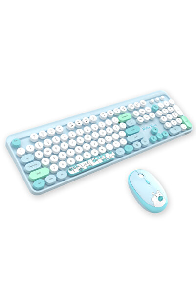 Microcase Geezer Ayıcık Desenli Kablosuz Renkli Yuvarlak Tuşlu Klavye Mouse Set-AL4186