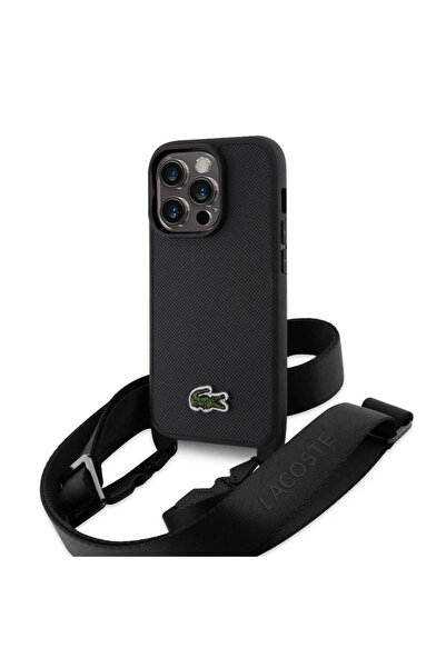 Lacoste iPhone 15 Pro Kılıf Lacoste Lisanslı PU Pike Desenli Askılı İkonik Ti...