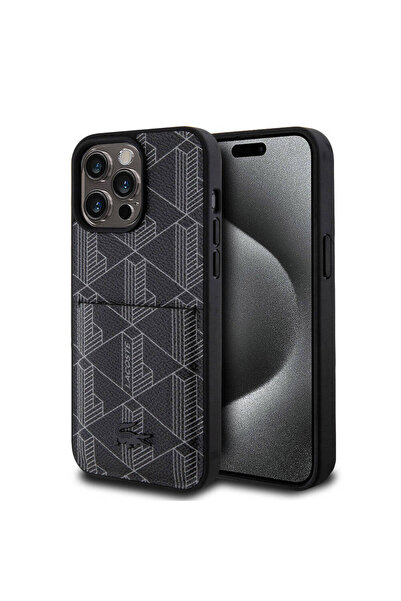 Lacoste iPhone 15 Pro Max Kılıf Lacoste Lisanslı Magsafe Özellikli PU Deri Görünümlü Kartlıklı Siyah