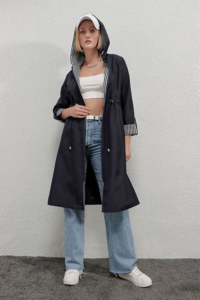 hazelin Women's Navy Blue Gathered Waist Hooded Long Trench Coat Hzl22w-bd190911