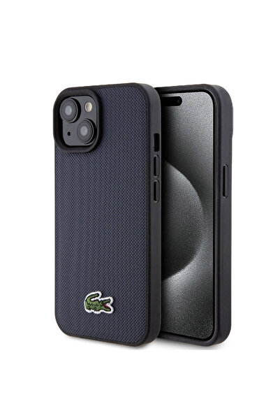 Lacoste iPhone 15 Kılıf Lacoste Lisanslı PU Pike Desenli İkonik Timsah Dokuma Logolu Kapak