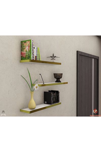 Egecan Mobilya White Gold Flying Wall Shelf Set of 3 Hidden Shelf 50-50-50