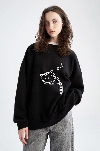 MODA MOSAIC unisex γάτα που κοιμάται Μαύρο φούτερ με στάμπα
