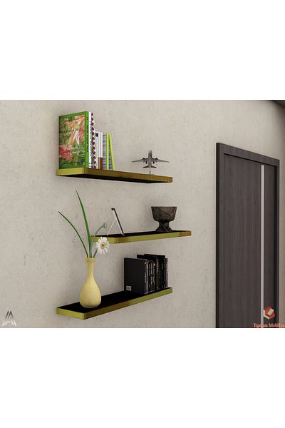 Egecan Mobilya Black Gold Flying Wall Shelf Set of 3 Hidden Shelf 50-50-50