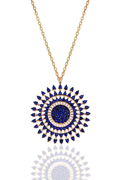 KAR DİAMOND 925 Ayar Gümüş Zincirli Rose Kaplama Mavi Taşlı Pırıltı Yaşam Çiç...