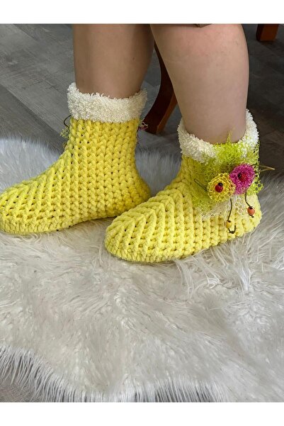 Gönülden Tasarım VELVET FELT SOLE POMPOM HOUSE BOOTS HOME SHOES