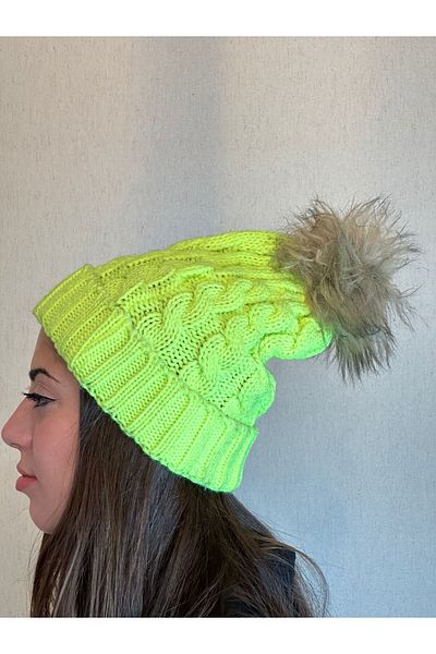 Gönülden Tasarım HAND KNITTED DESIGN POMPOM HAIR BRAIDED BEANIE UNISEX BEANIE