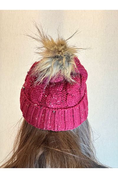 Gönülden Tasarım HAND KNITTED STEEL BEADED HAIR BRAIDED WOMEN'S BEETET WITH POMPOM