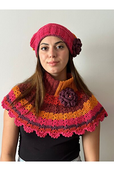 Gönülden Tasarım Ручно в'язаний квітковий кольоровий жіночий капелюх з коміром і болеро