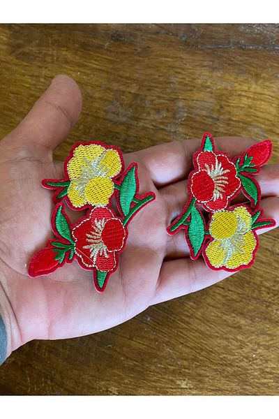 Gönülden Tasarım 7X7 CM FERĂȚĂ 2 BUCĂȚI GALBEN ROȘU CULOARE FLORI APPLIQUE ARMĂ CUSUT