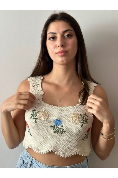 Gönülden Tasarım ЖІНОЧИЙ ТРИКОТАЖНИЙ КРОП-БЮСТІЄ З ВИГНУТИМИ КВІТКАМИ