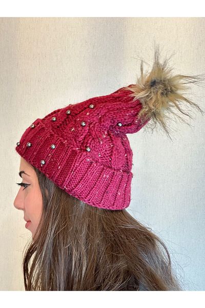 Gönülden Tasarım HAND KNITTED STEEL BEADED HAIR BRAIDED WOMEN'S BEETET WITH POMPOM