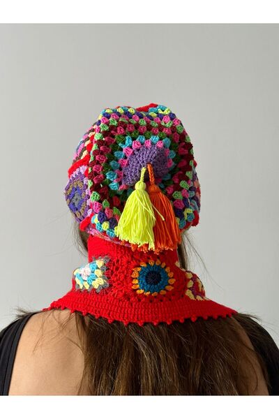 Gönülden Tasarım HAND KNITTED ETHNIC BEANIE AND SCARF SUIT SET UNISEX