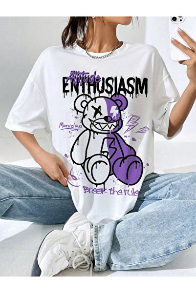 MANCY تي شيرت كبير الحجم للجنسين بتصميم تيدي بير مطبوع 100% PaBmuk برقبة دائرية