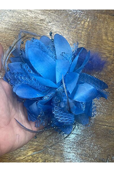 Gönülden Tasarım 14x14 Cm Mavi Tüylü Broş Gelin Broş Saç Toka Broş Türban Bro...