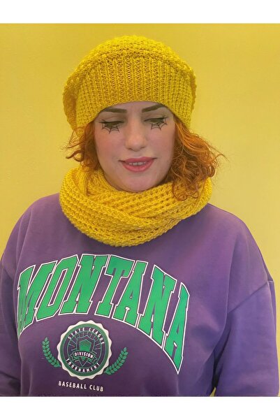 Gönülden Tasarım Жовтий м'який комплект - ручної роботи візерунок, шапка з коміром