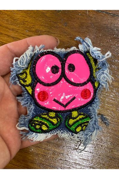 Gönülden Tasarım 9x7 cm Blugi peste piele roz bomboană Față amuzantă Smiley Applique Crest Patch Cusut Hobby