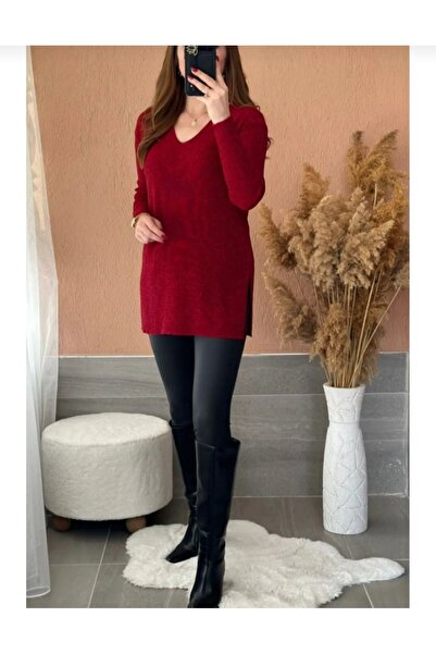 D'lavelle بلوزة نسائية حمراء برقبة على شكل حرف V من الليكرا اللامعة