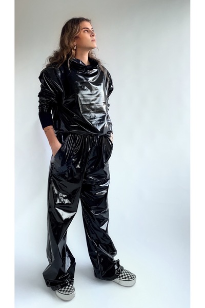 Hello Stranger Siyah Rugan Deri Lateks Bol Pantolon