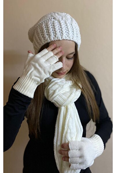 sema aksesuar Women's Winter Ecru Colored Scarf - Beanie and Cut-Out Gloves Set - Hat, Fingerless Gloves