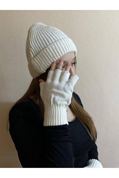 sema aksesuar Women's Winter Ecru Color Woolen Plain Beanie and Cut Fingers Gloves Set - Hat and Fingerless Gloves