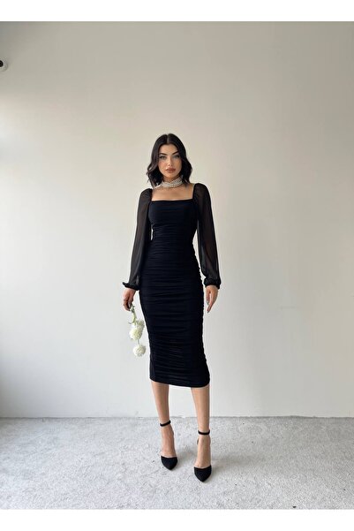 conconmoda Kadın Siyah Kolları Tül Drapeli Midi Boy Elbise - 4301