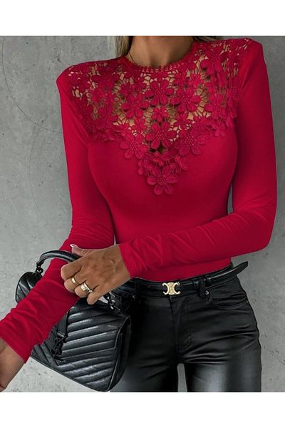 ERGUR KAYA Women's Long Sleeve Guipure Detail Diving Blouse