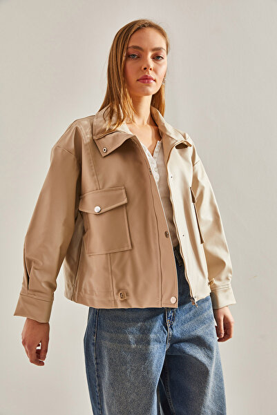 Bianco Lucci Women's Leather Jacket with Double Large Pockets