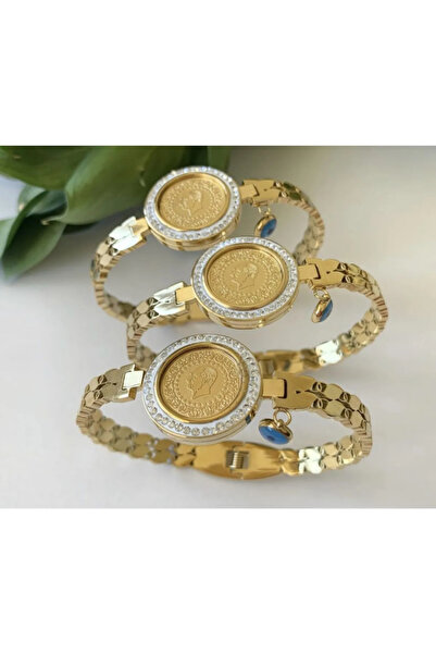 Doğaltaş Kadın 316 L çelik boncuklu çeyrekli gold renk Vip bileklik