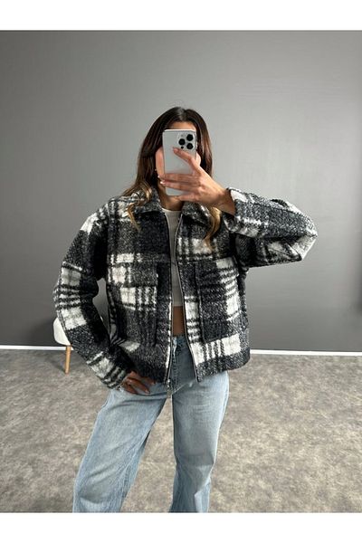 Lavanta Tekstil Gray Plaid Boucle Jacket