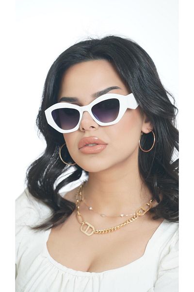 Angel Eyes Women's Sunglasses Stylish Design White Pr Frame Black Glass