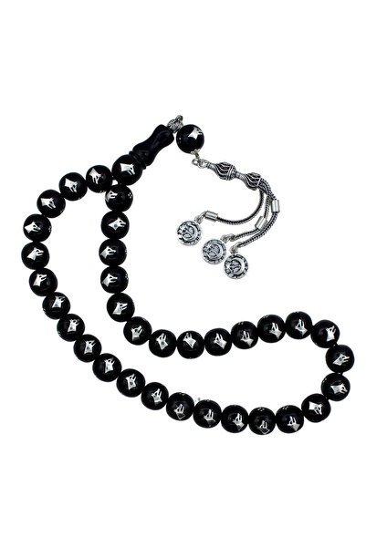 OltutaşıMarket Bozkurt Desenli 1000 Ayar Gümüş İşlemeli Oltu Tesbih